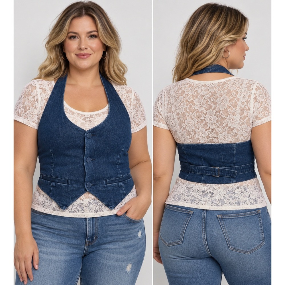 Good American Women Denim Halter Vest Indigo Blue 5XL GFD085